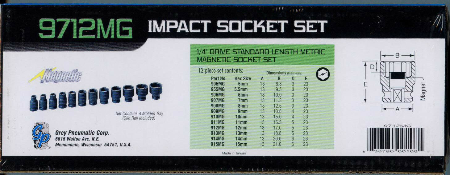 Grey Pneumatic  9712Mg 1/4" Drive 12 Piece Metric Magnetic Impact Socket Set 