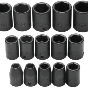 PROTO 1/2" DRIVE 15 PIECE METRIC IMPACT SOCKET SET 6 PT 10 to 24 MM J74204 USA