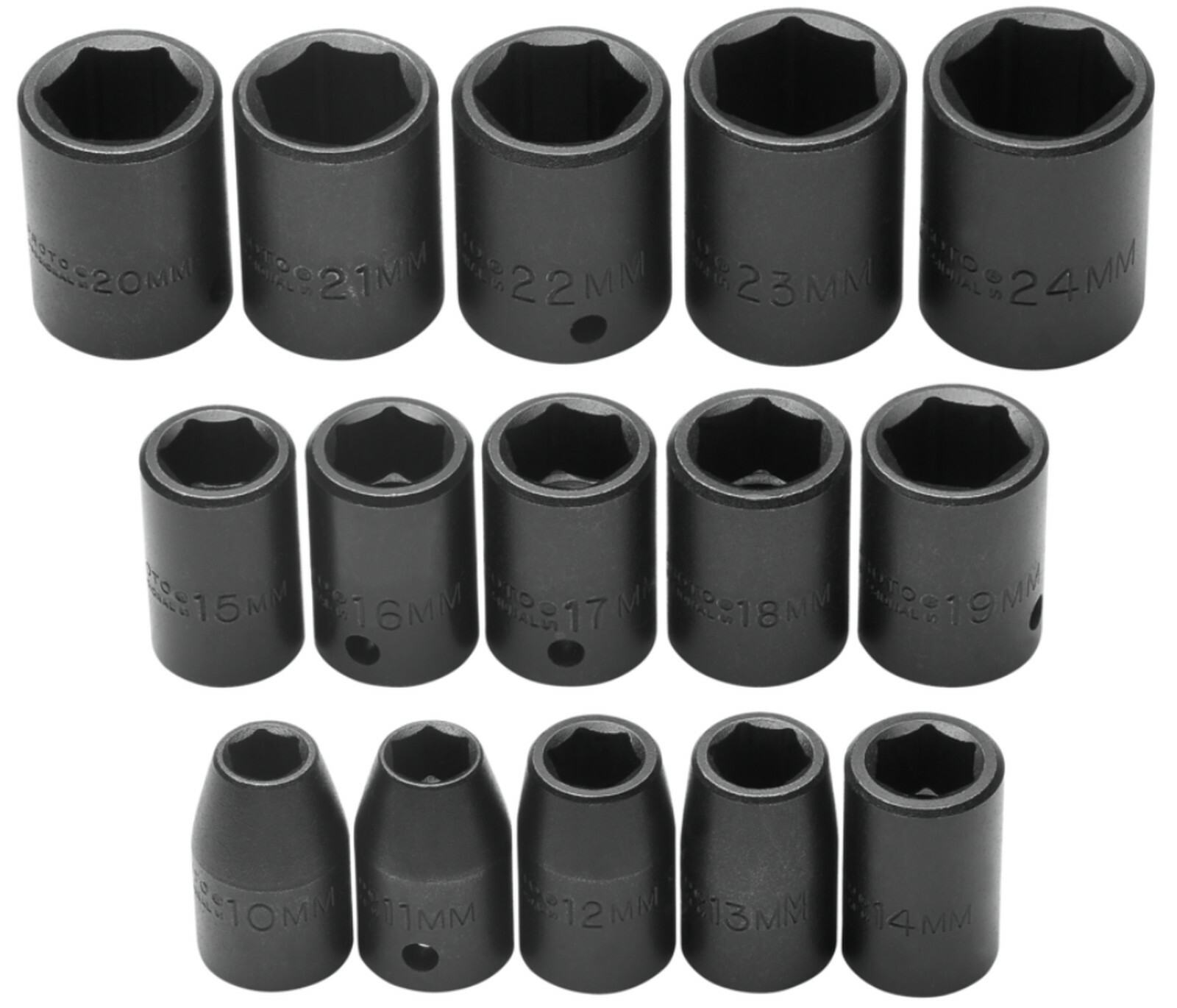 PROTO 1/2" DRIVE 15 PIECE METRIC IMPACT SOCKET SET 6 PT 10 to 24 MM J74204 USA