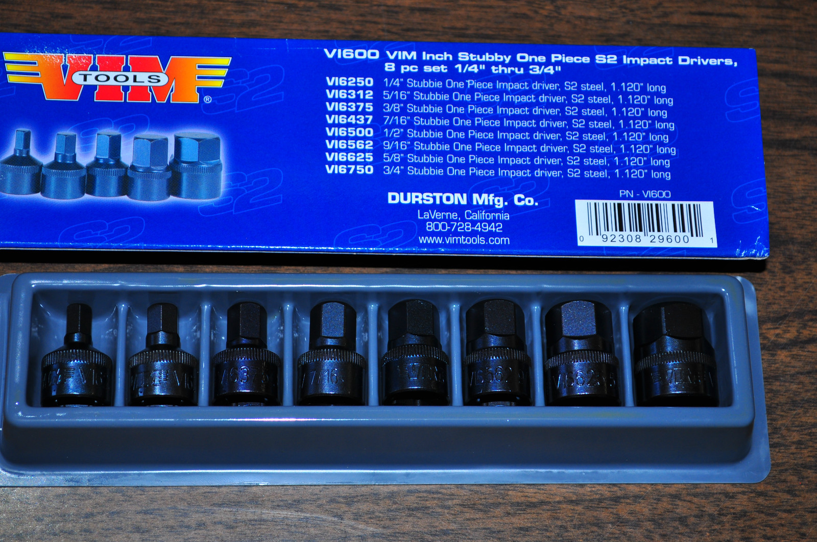 VIM TOOLS VI600 SAE STUBBY SHORT 8 PCS. IMPACT HEX 1/4" THRU 3/4" IN 3/8" DR.