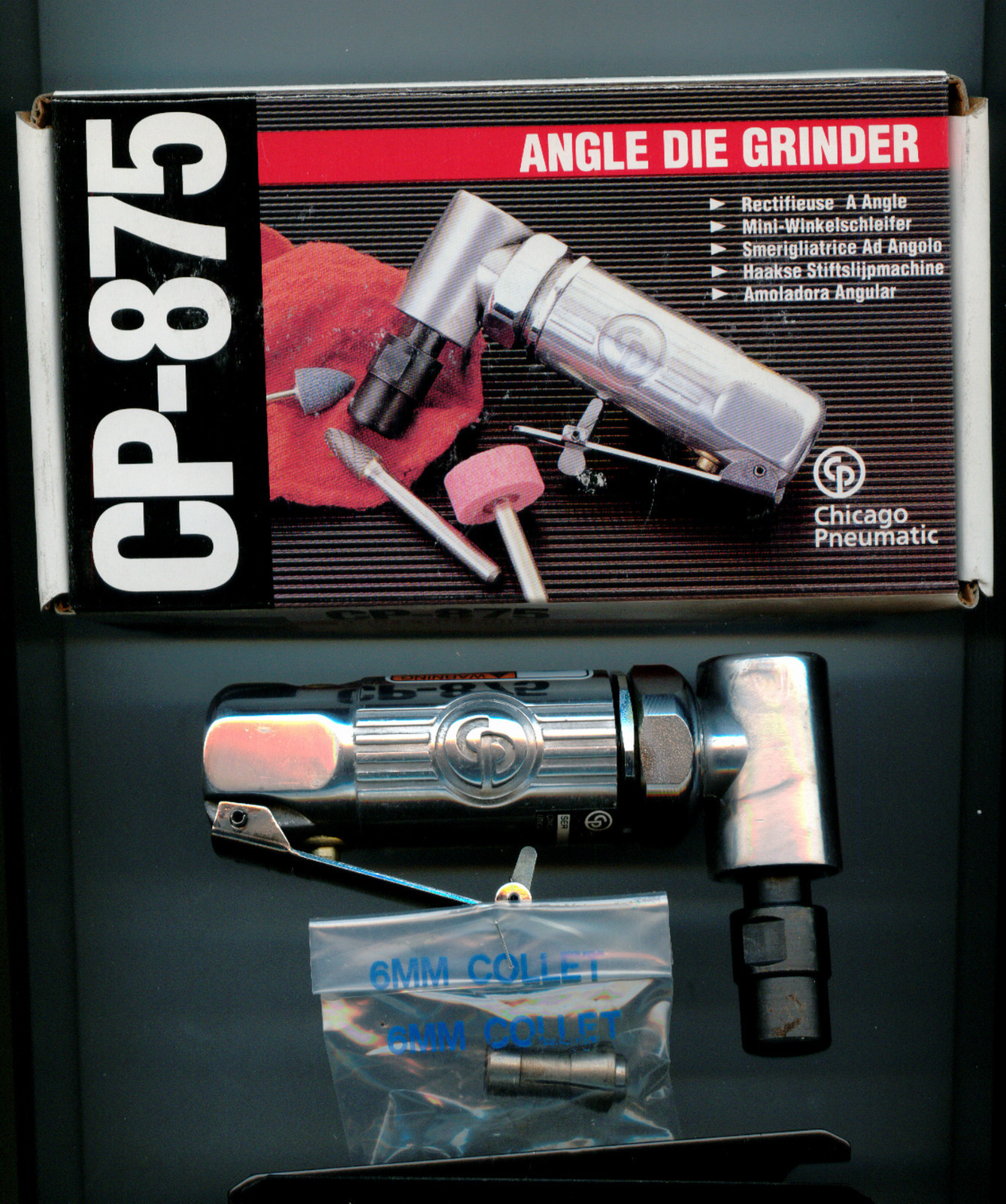 Chicago Pneumatic CP-875 Mini Angle Air Die Grinder with 1/4" and 6MM collet,