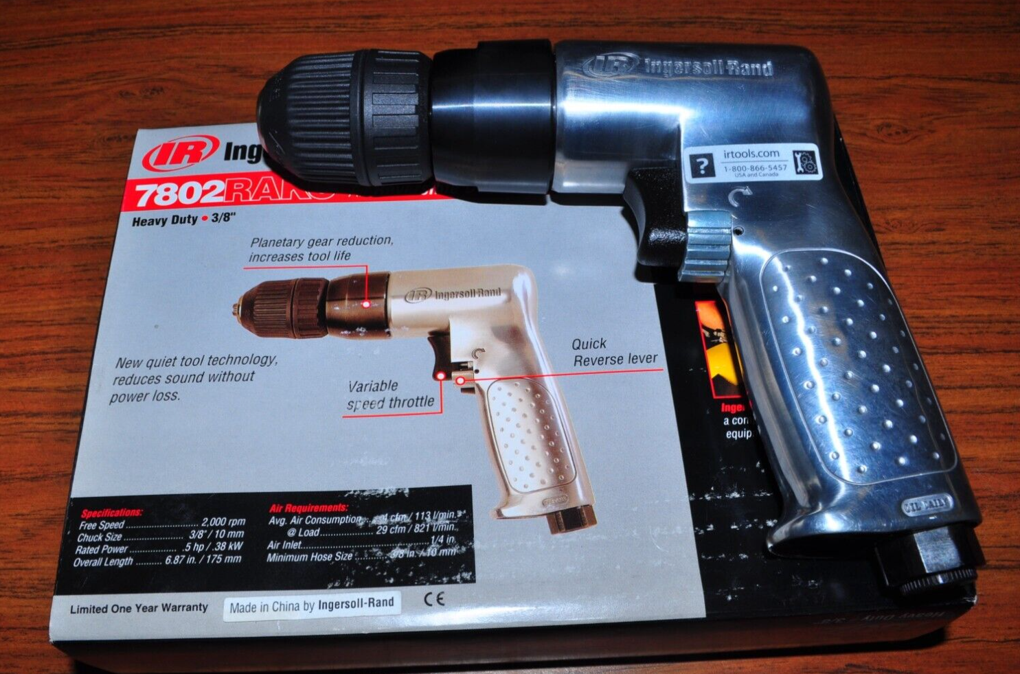 Ingersoll Rand 3/8" Heavy Duty Air Reversible Drill 7802RAKC with Keyless chuck