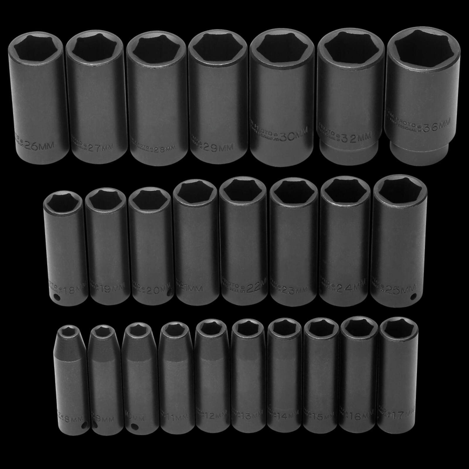 Proto J74216 25 pcs metric 8 mm to 36 mm Deep impact socket 6 points Made in USA