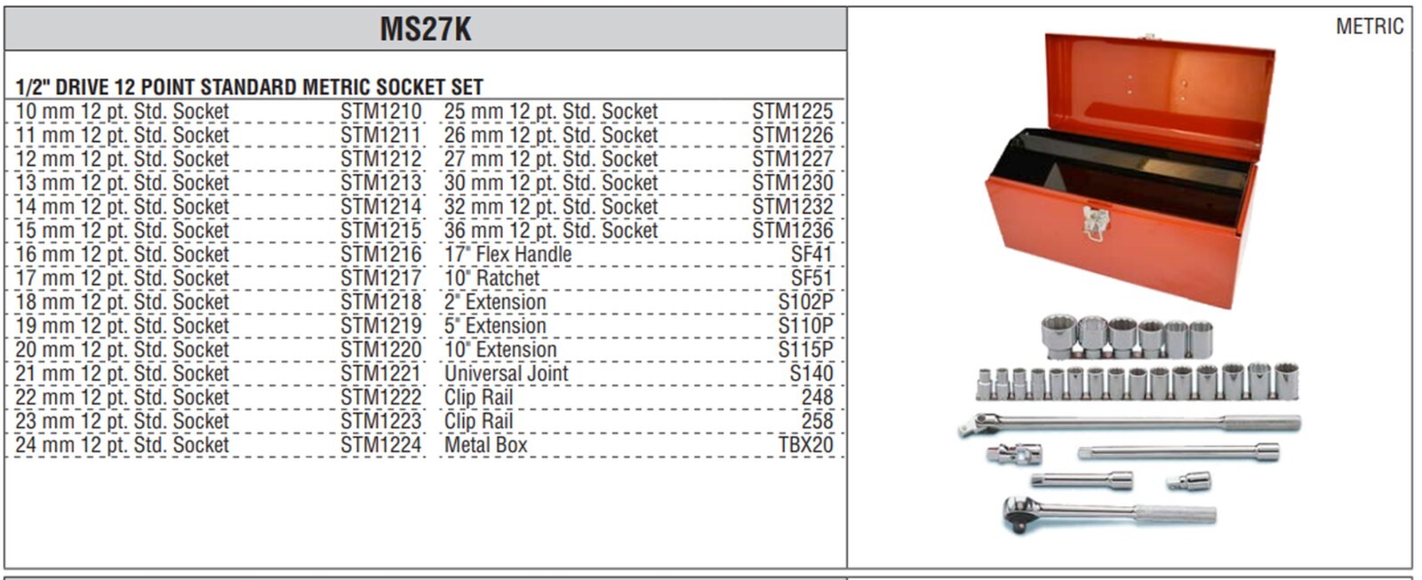 Martin MS27K 27Pc 1/2 Inch 12Pt Standard Socket Set - Metric Made in USA