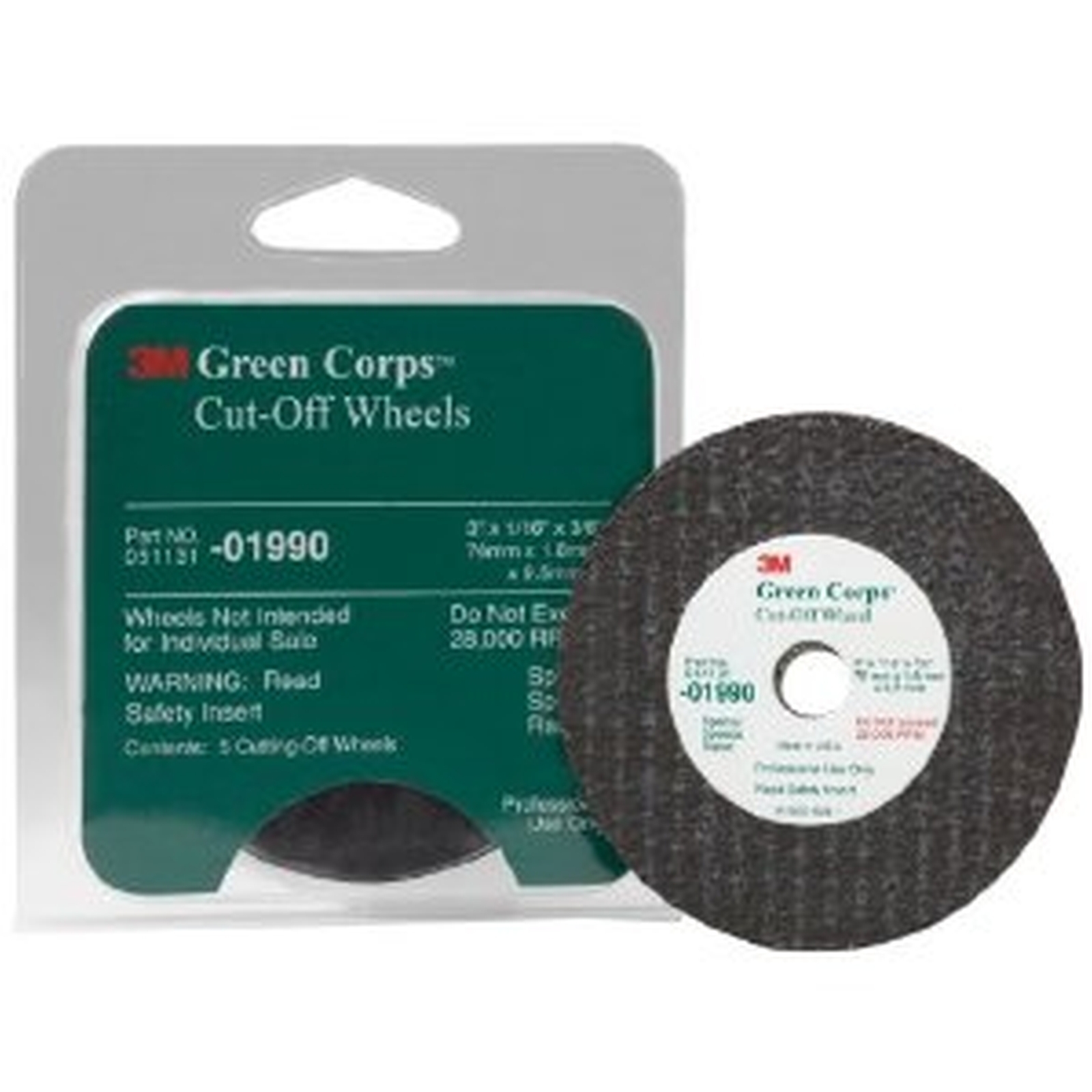 3M 01990 Green Corps 3" x 1/16" x 3/8" Cut-Off Wheel, (Pack of 5)