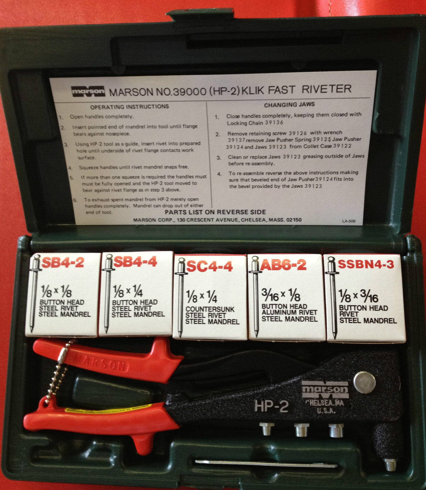Marson (39001)  200 Kit HP-2 Hand Riveter with Rivet Assortment Made In USA New!