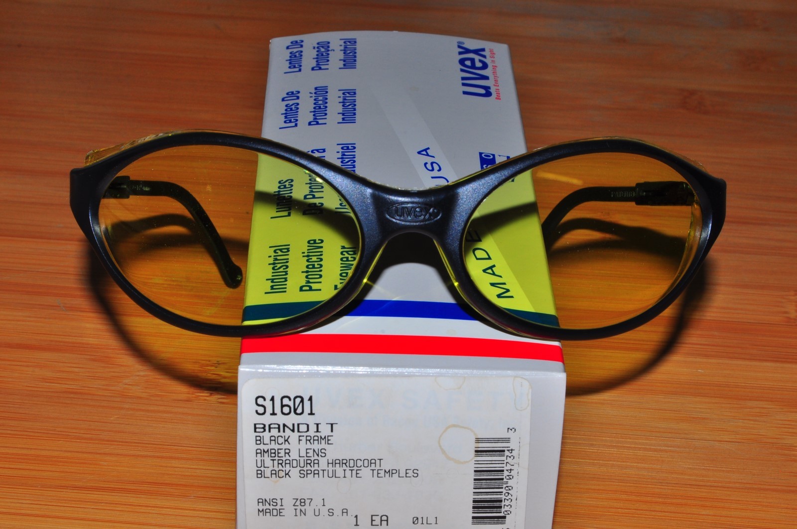Uvex S1601 Bandit Safety Eyewear Glass Wraparound Black Frame Amber Lens USA