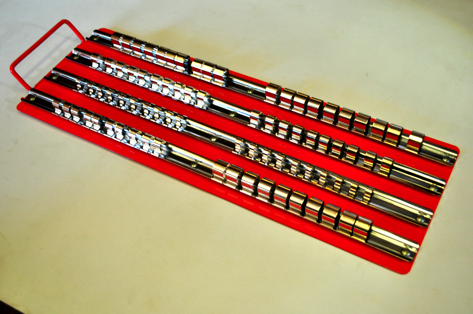 1/4" 3/8 "1/2" Multiple Rail Socket Tray -4 attached steel rails 80 Clips V444