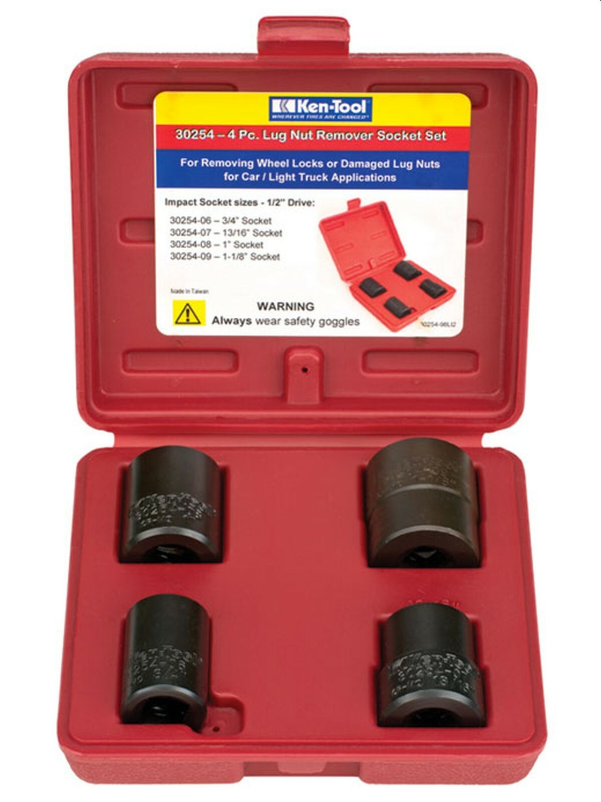 4 Pc. 1/2" Dr Lug Nut Remover Socket Set size 3/4",13/16",1",1-1/8" Ken 30254