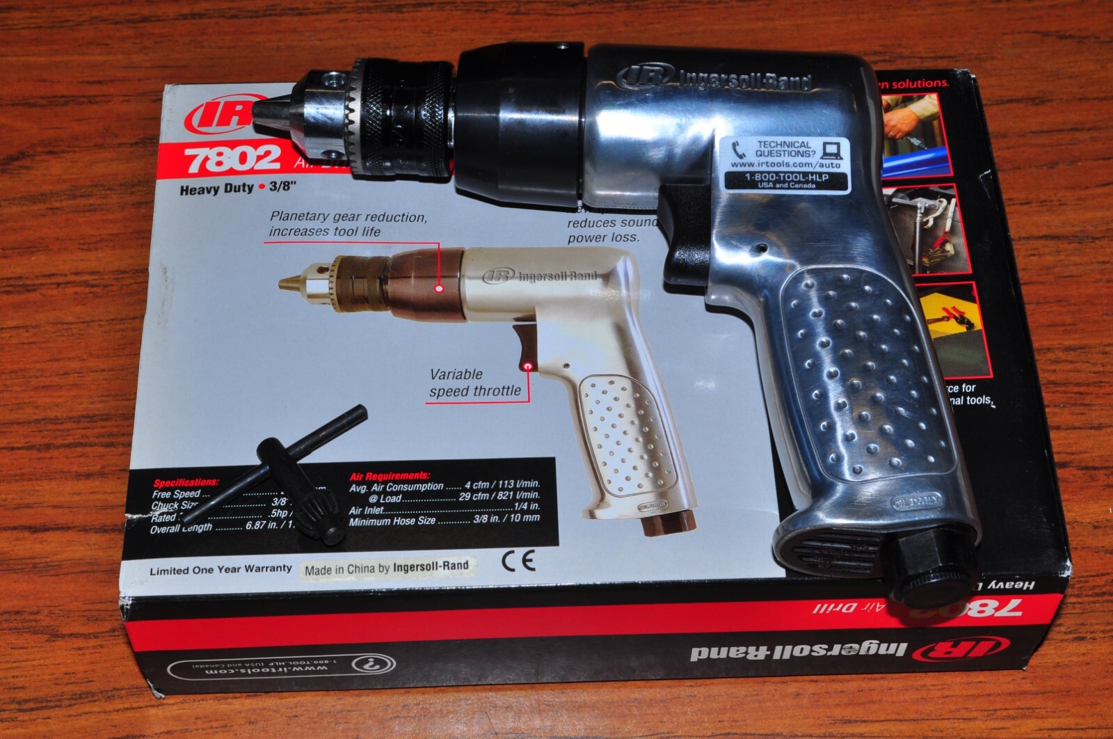 Ingersoll Rand 7802 3/8" Heavy Duty Air Drill 2000 RPM Variable Speed NonReverse