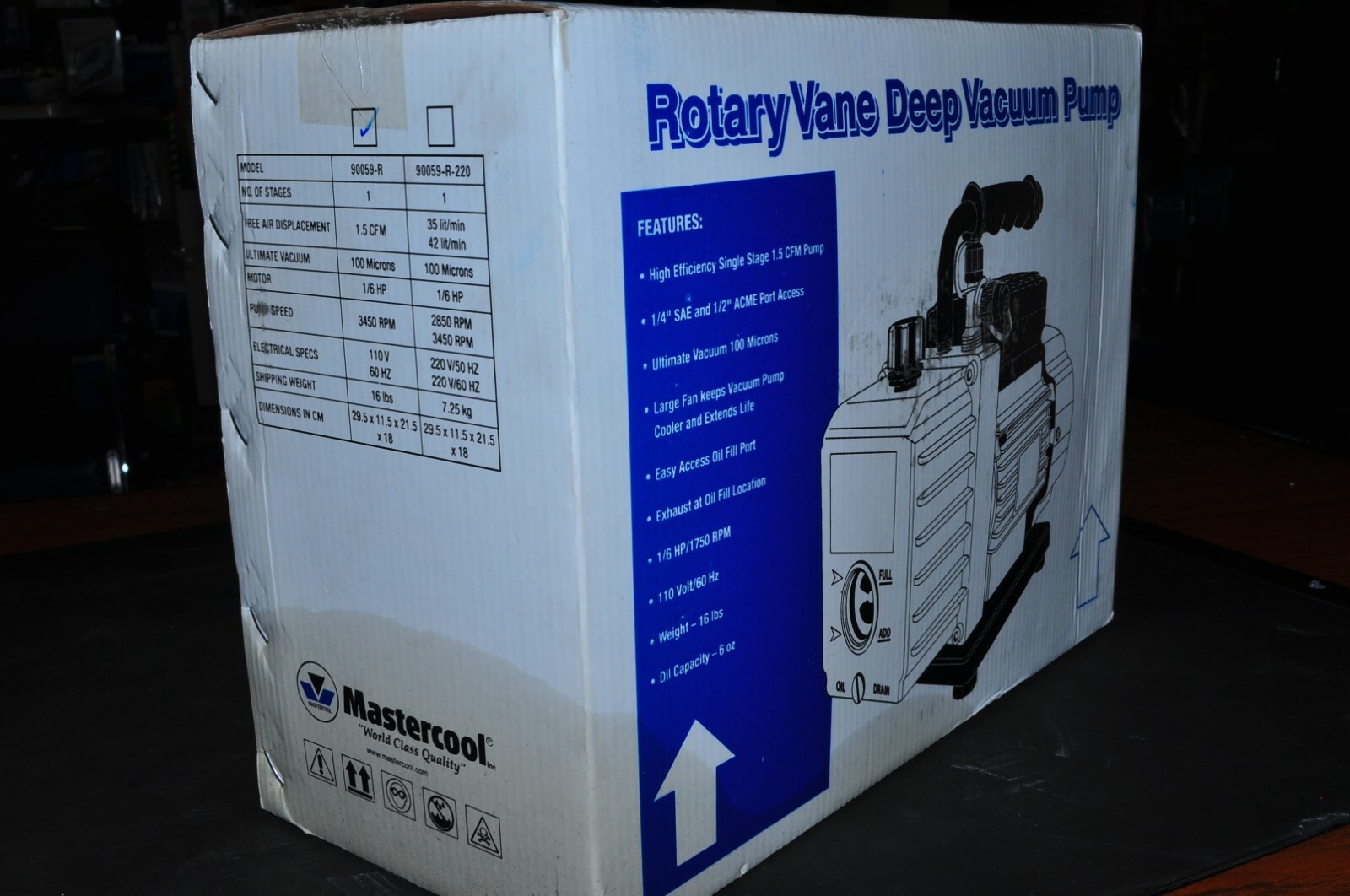 Mastercool 90059R 1.5 CFM Single State Vacuum Pump 110V 50/60 HZ Made in USA