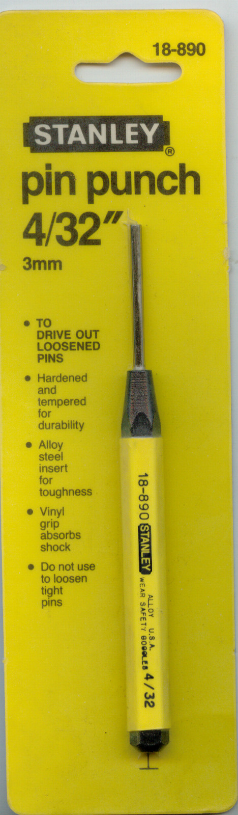 PIN PUNCH 3 MM, 4/32" Stanley 18-890 MADE IN USA 5-1/2" long 7/16" HEX