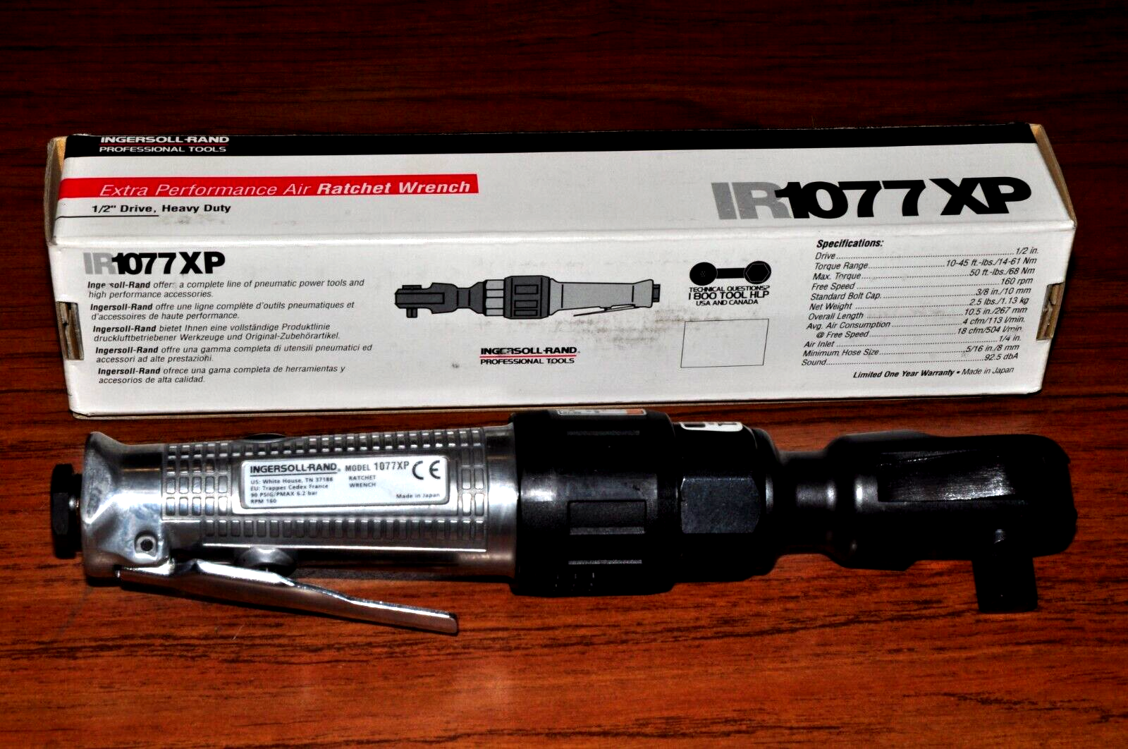 Ingewrsoll Rand 1077XP 1/2" Dr Air Ratchet Wrench,50 ftlb,160 RPM,Made in Japan