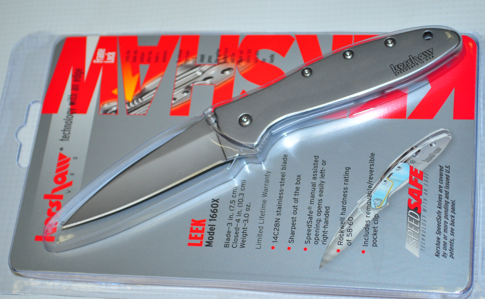 Kershaw 1660 Leek Assisted 3" Sandvik Plain Blade, Stainless Steel Handle USA