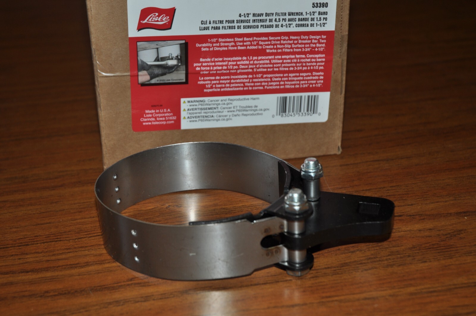 Lisle 53390 4-1/2" HD FILTER WRENCH, 1-1/2" BAND For Filter 3-3/4" to 4-1/2".