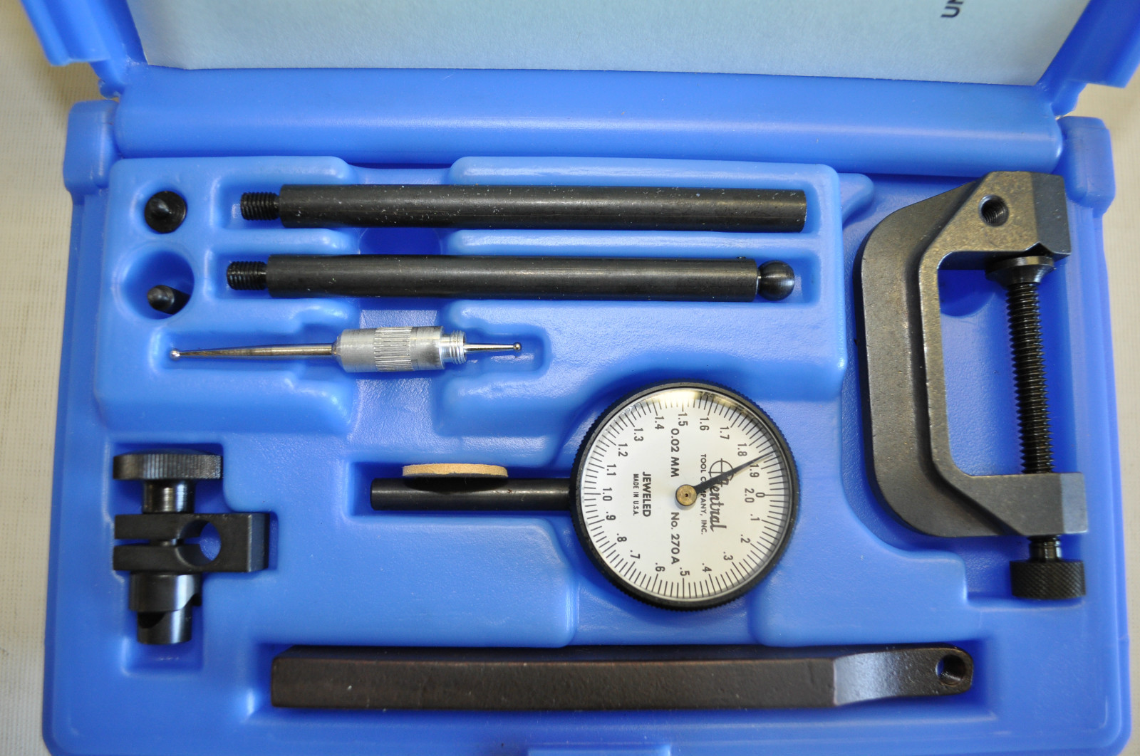 Central Tools 6402 Dial Indicator Set 5.00MM Range w/run out adapter Made in USA