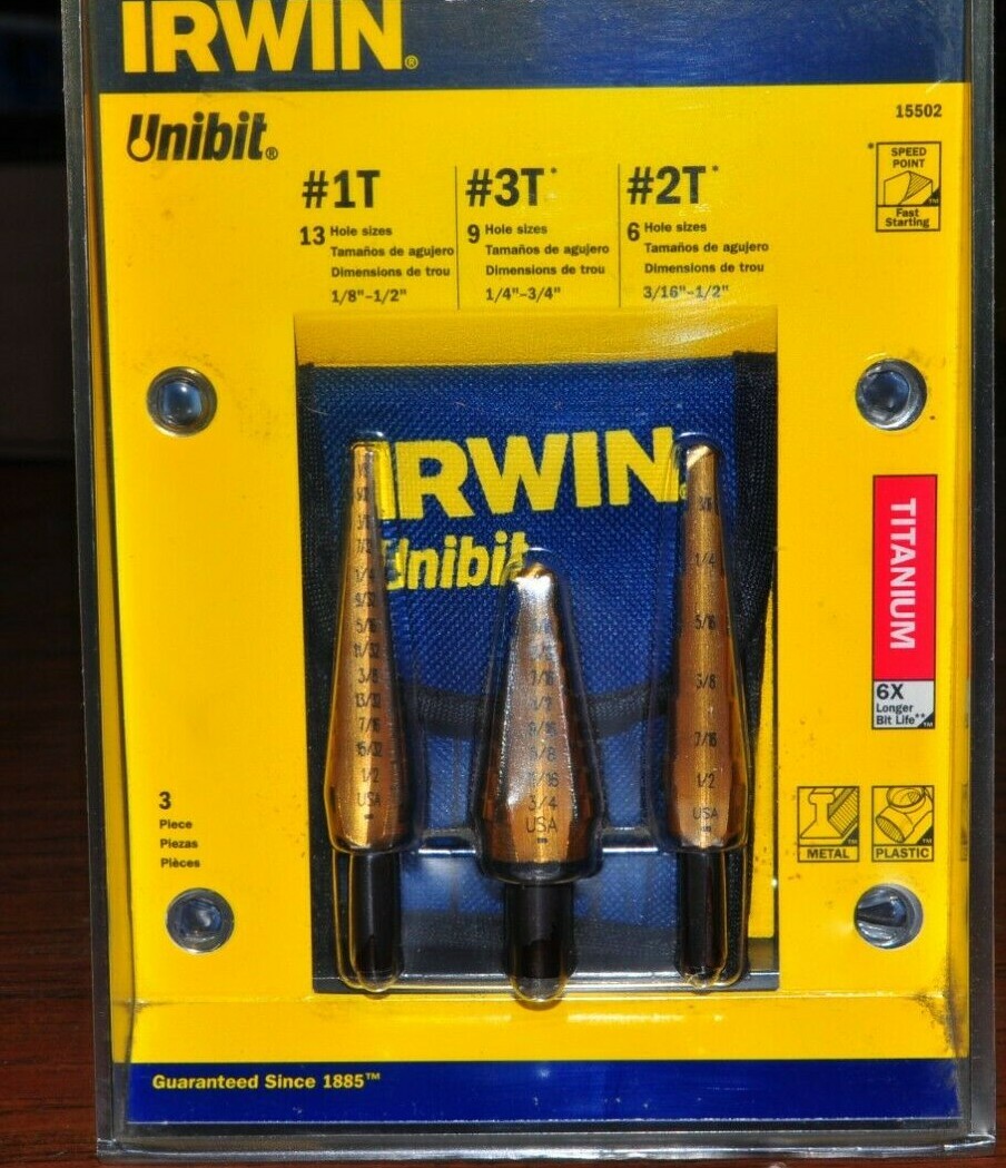 UNIBIT STEP DRILL TITANIUM 3 PCS SET 1T,2T,3T IRWIN 15502 MADE IN USA