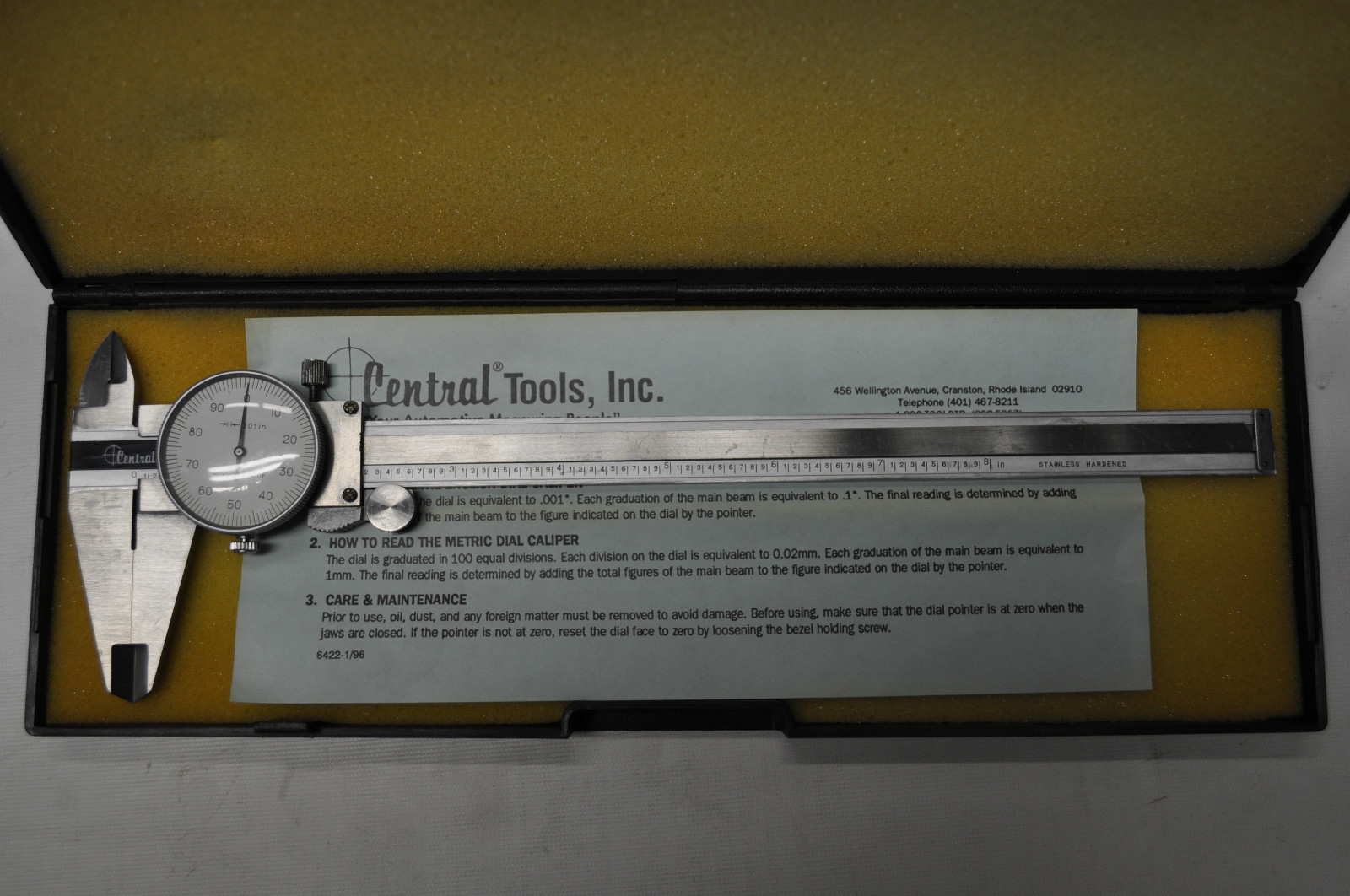 CENTRAL TOOLS 6424 8 INCHES DIAL CALIPER .001"GRADUATION ,0" MAIN FULL BEAM USA