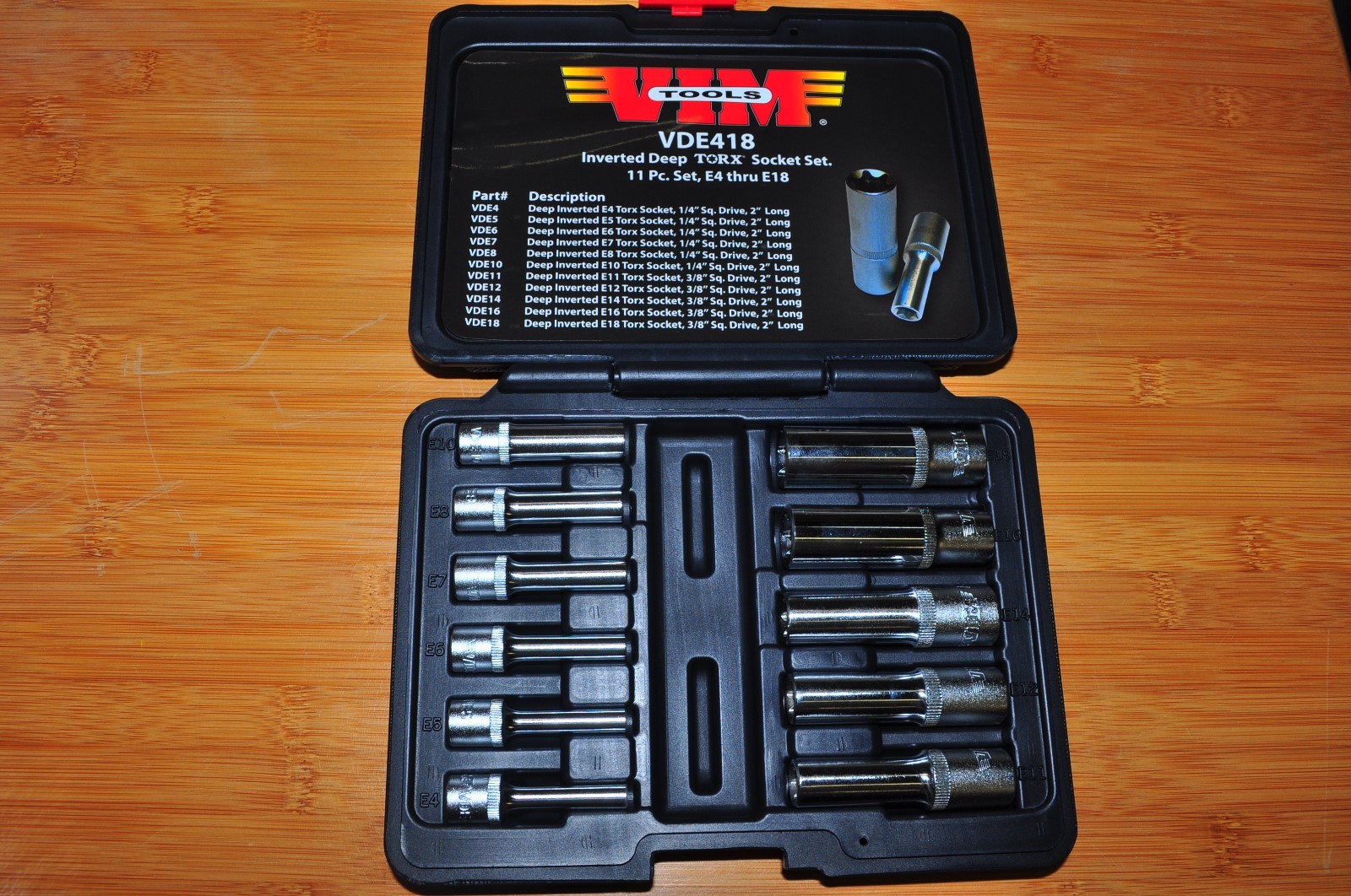 Deep Torx Socket Set 11 Pc E4 Thu E18 1/4In 3/8In Sq Dr VIM VDE418