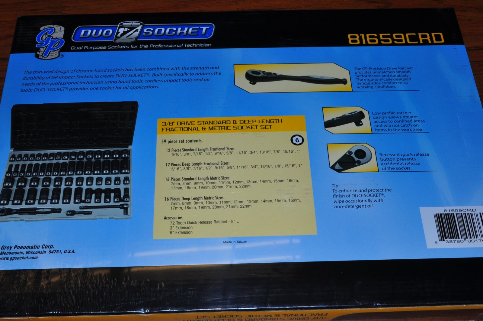 Fraction SAE & Metric.Deep&Shallow 59 Pcs Duo-Socket Set 3/8 Drive Grey 81659CRD - Image 4