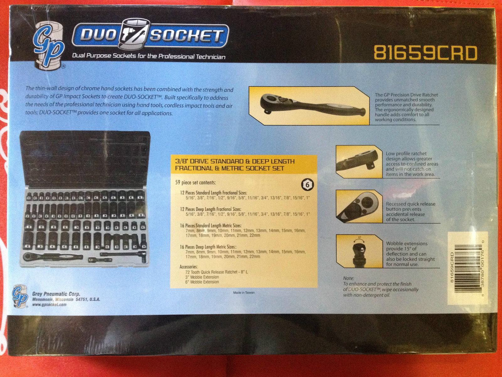 Fraction SAE & Metric.Deep&Shallow 59 Pcs Duo-Socket Set 3/8 Drive Grey 81659CRD - Image 8