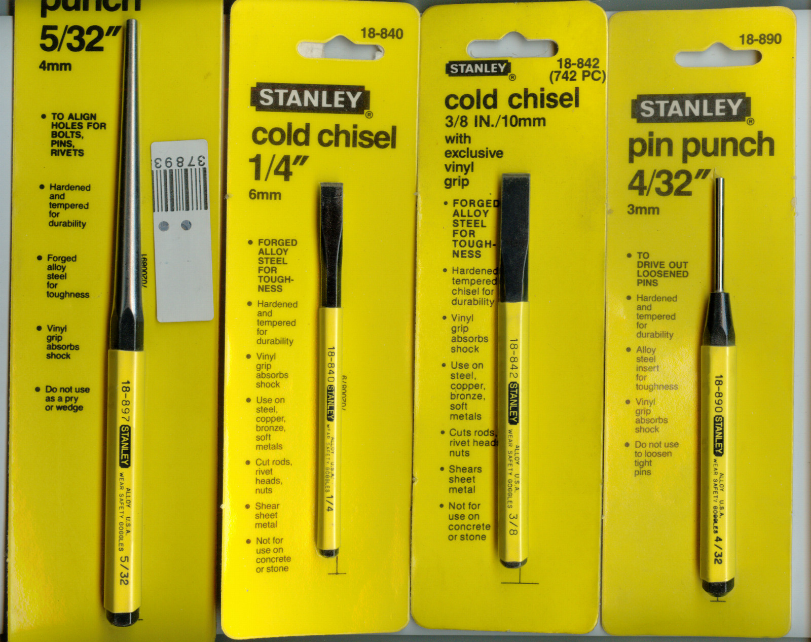 PIN PUNCH COLD CHISEL TAPER PUNCH 4 PCS STANLEY MADE IN USA